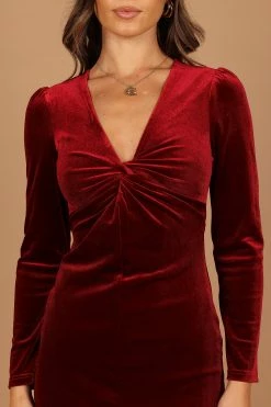 Lisse Twist Front Long Sleeve Velvet Midi Dress - Wine -Dress Shop petal and pup usa dresses lisse twist front long sleeve velvet midi dress wine 32673824571569
