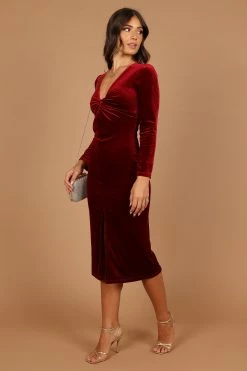 Lisse Twist Front Long Sleeve Velvet Midi Dress - Wine -Dress Shop petal and pup usa dresses lisse twist front long sleeve velvet midi dress wine 32673824669873