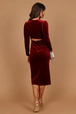 Lisse Twist Front Long Sleeve Velvet Midi Dress - Wine -Dress Shop petal and pup usa dresses lisse twist front long sleeve velvet midi dress wine 32673824735409