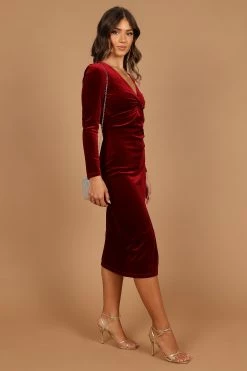 Lisse Twist Front Long Sleeve Velvet Midi Dress - Wine -Dress Shop petal and pup usa dresses lisse twist front long sleeve velvet midi dress wine 32673824768177