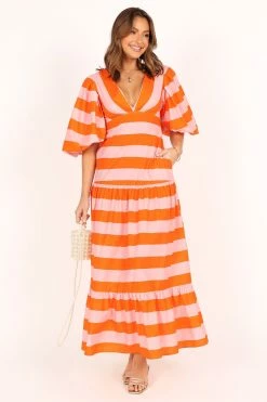 Lucia Puff Sleeve Maxi Dress - Pink Stripe -Dress Shop petal and pup usa dresses lucia puff sleeve maxi dress pink stripe 33543065567409