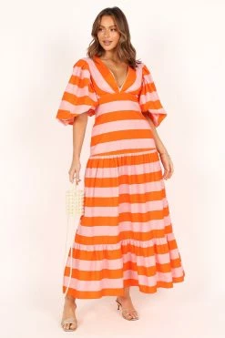 Lucia Puff Sleeve Maxi Dress - Pink Stripe -Dress Shop petal and pup usa dresses lucia puff sleeve maxi dress pink stripe 33543065764017