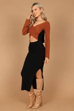 Luxxe Long Sleeve Maxi Knit Dress - Black/Tan -Dress Shop petal and pup usa dresses luxxe long sleeve maxi knit dress black tan 32535377445041
