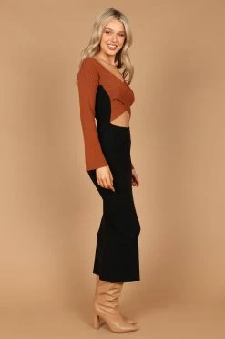 Luxxe Long Sleeve Maxi Knit Dress - Black/Tan -Dress Shop petal and pup usa dresses luxxe long sleeve maxi knit dress black tan 32535377510577