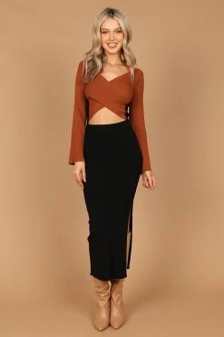 Luxxe Long Sleeve Maxi Knit Dress - Black/Tan -Dress Shop petal and pup usa dresses luxxe long sleeve maxi knit dress black tan 32535377543345