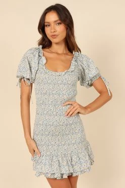 Marabella Shirred Mini Dress - Blue -Dress Shop petal and pup usa dresses marabella shirred mini dress blue 32066633728177