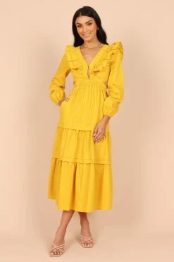 Mariga Long Sleeve Frill Shoulder Midi Dress - Marigold
