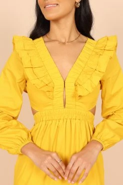 Mariga Long Sleeve Frill Shoulder Midi Dress - Marigold -Dress Shop petal and pup usa dresses mariga long sleeve frill shoulder maxi dress marigold 32465624694961