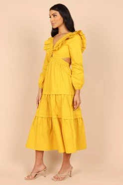 Mariga Long Sleeve Frill Shoulder Midi Dress - Marigold -Dress Shop petal and pup usa dresses mariga long sleeve frill shoulder maxi dress marigold 32465624760497