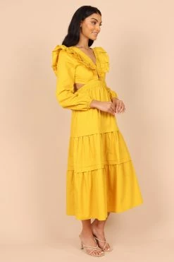 Mariga Long Sleeve Frill Shoulder Midi Dress - Marigold -Dress Shop petal and pup usa dresses mariga long sleeve frill shoulder maxi dress marigold 32465624793265