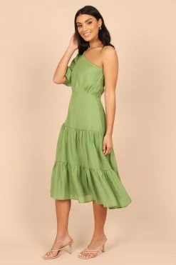 Milla One Shoulder Tiered Midi Dress - Green -Dress Shop petal and pup usa dresses milla one shoulder tiered midi dress green 32465631281329