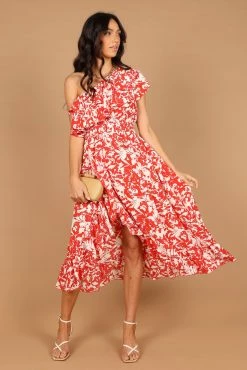 Millie Off Shoulder Tiered Midi Dress - Red Floral