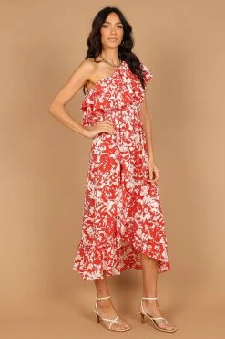 Millie Off Shoulder Tiered Midi Dress - Red Floral -Dress Shop petal and pup usa dresses millie off shoulder tiered midi dress red floral 33246153474225