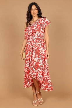 Millie Off Shoulder Tiered Midi Dress - Red Floral -Dress Shop petal and pup usa dresses millie off shoulder tiered midi dress red floral 33246153506993