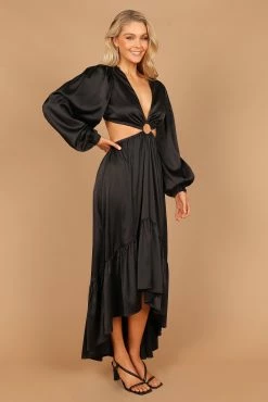 Minnow Satin Ruffle Tier O-Ring Cut Out Maxi Dress - Black -Dress Shop petal and pup usa dresses minnow satin ruffle tier o ring cut out maxi dress black 32589111951537