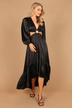 Minnow Satin Ruffle Tier O-Ring Cut Out Maxi Dress - Black -Dress Shop petal and pup usa dresses minnow satin ruffle tier o ring cut out maxi dress black 32589112017073