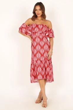 Neoma Strapless Midi Dress - Red Palm Print -Dress Shop petal and pup usa dresses neoma strapless midi dress red palm print 33810809716913