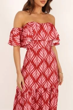 Neoma Strapless Midi Dress - Red Palm Print -Dress Shop petal and pup usa dresses neoma strapless midi dress red palm print 33810809782449