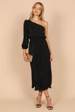Pontee One Shoulder Pleated Midi Dress - Black -Dress Shop petal and pup usa dresses pontee one shoulder pleated midi dress black 32465628364977