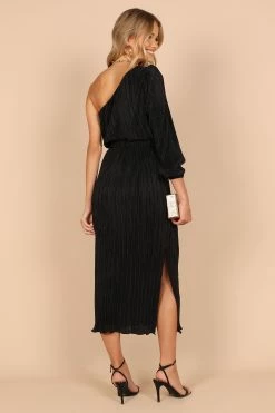 Pontee One Shoulder Pleated Midi Dress - Black -Dress Shop petal and pup usa dresses pontee one shoulder pleated midi dress black 32465628430513