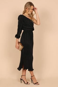 Pontee One Shoulder Pleated Midi Dress - Black -Dress Shop petal and pup usa dresses pontee one shoulder pleated midi dress black 32465628463281
