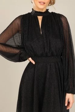 Portia Pleated Long Sleeve Midi Dress - Black Metallic -Dress Shop petal and pup usa dresses portia pleated long sleeve midi dress black metallic 32851941556401 1