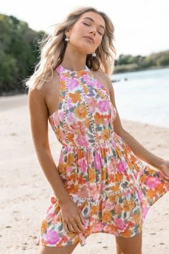 Raffael High Neck Mini Dress - Pink Floral
