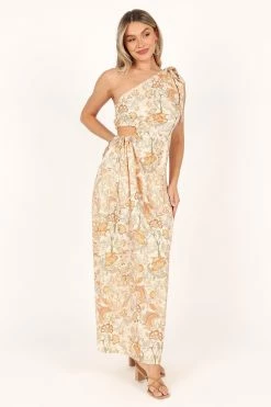 Ralie One Shoulder Maxi Dress - Tan Floral -Dress Shop petal and pup usa dresses ralie one shoulder maxi dress tan floral 33543066026161