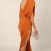 Roma Open Back Drape Midi Dress - Cognac