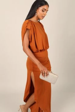 Roma Open Back Drape Midi Dress - Cognac -Dress Shop petal and pup usa dresses roma open back drape midi dress cognac 32699713388721