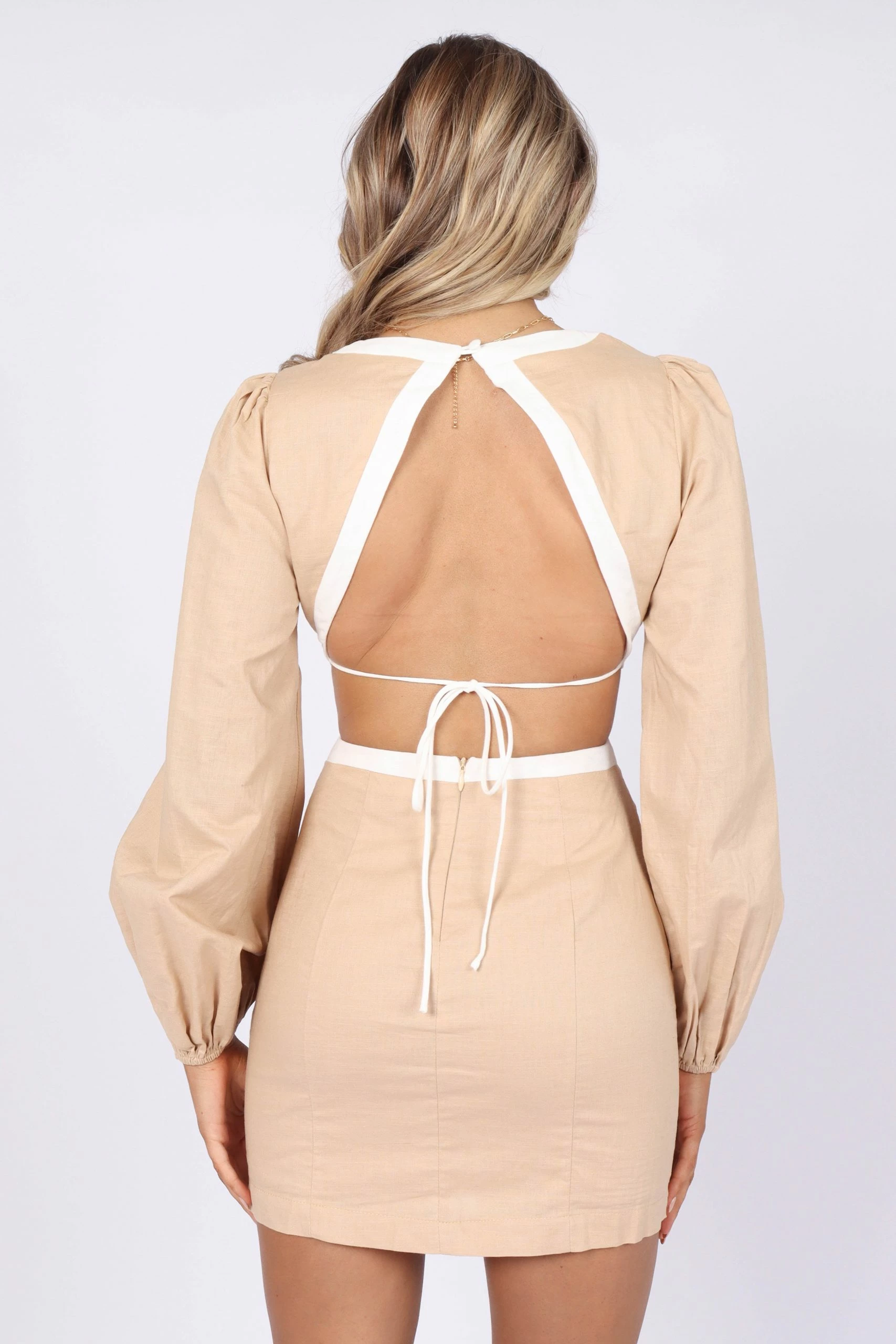 Sharon Long Sleeve Midi Dress - Tan/White 2 Sharon Long Sleeve Midi Dress - Tan/White - Image 2