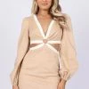 Sharon Long Sleeve Midi Dress - Tan/White