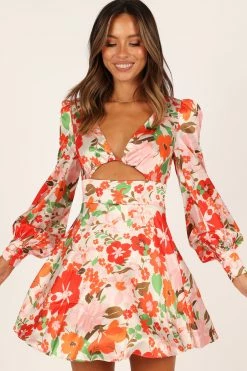 Tanaya Puff Sleeve Skater Skirt Mini Dress - Orange Floral -Dress Shop petal and pup usa dresses tanaya puff sleeve skater skirt mini dress orange floral 33276976988337