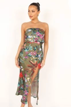 Vienna Strapless Midi Dress - Green Tropical