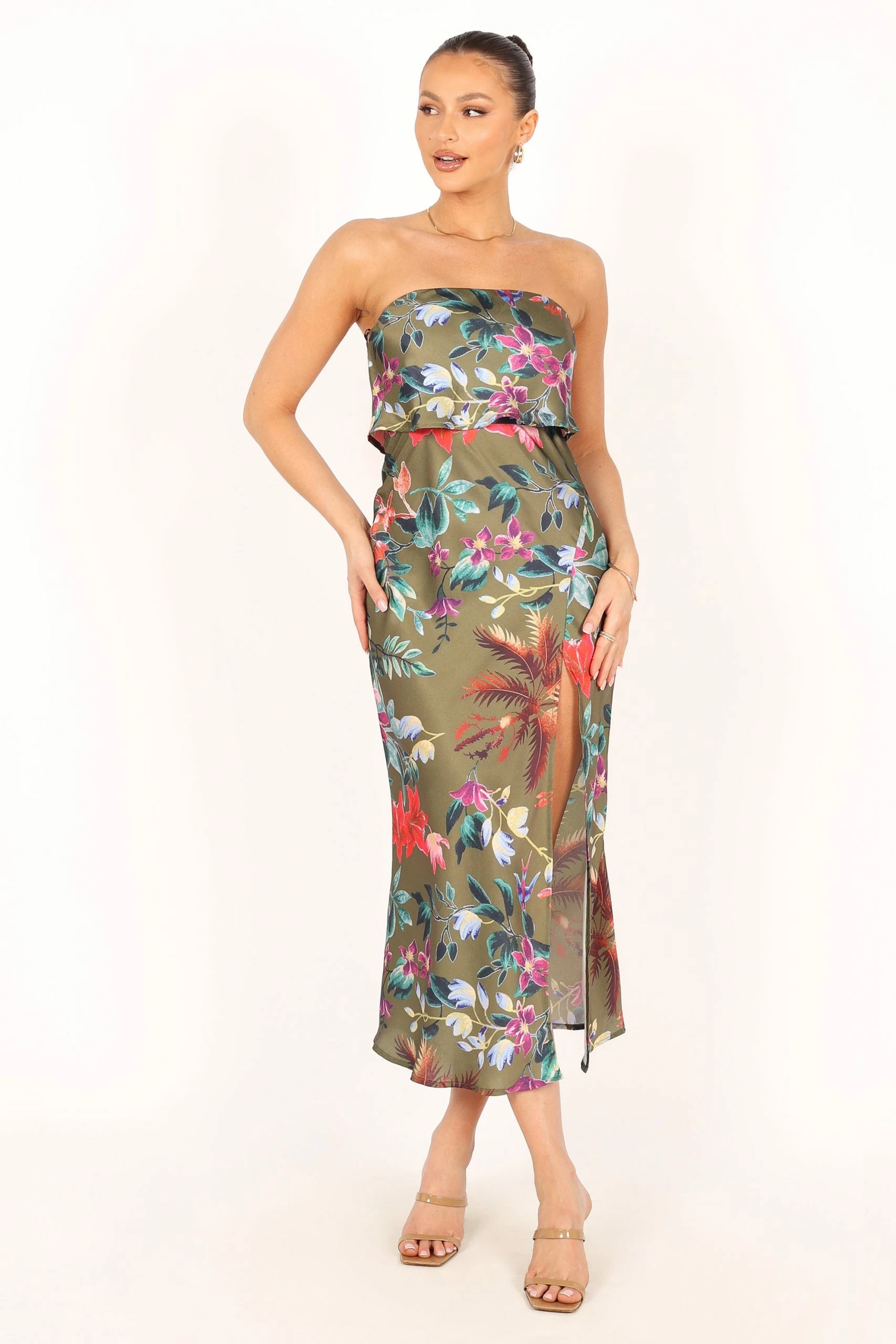 Vienna Strapless Midi Dress - Green Tropical 2 Vienna Strapless Midi Dress - Green Tropical - Image 2