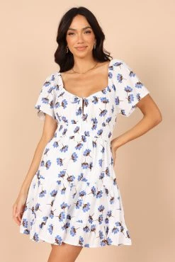 Winterspoon Shirred Waist Mini Dress - White/Blue Floral