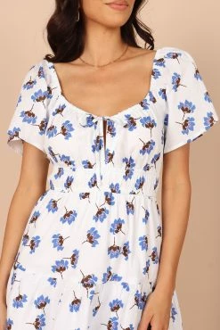 Winterspoon Shirred Waist Mini Dress - White/Blue Floral -Dress Shop petal and pup usa dresses winterspoon shirred waist mini dress white blue floral 32246219112625