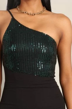 Xayne One Shoulder Sequin Midi Dress - Black/Emerald -Dress Shop petal and pup usa dresses xayne one shoulder sequin midi dress black emerald 32739031056561