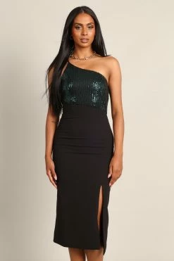 Xayne One Shoulder Sequin Midi Dress - Black/Emerald -Dress Shop petal and pup usa dresses xayne one shoulder sequin midi dress black emerald 32739031089329