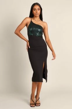 Xayne One Shoulder Sequin Midi Dress - Black/Emerald -Dress Shop petal and pup usa dresses xayne one shoulder sequin midi dress black emerald 32739031253169