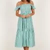 Yasminie Shirred Midi Dress - Green Stripe