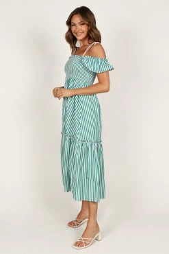 Yasminie Shirred Midi Dress - Green Stripe -Dress Shop petal and pup usa dresses yasminie shirred maxi dress green stripe 33288967815345