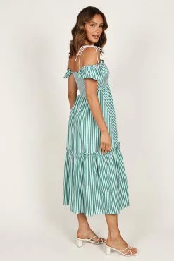 Yasminie Shirred Midi Dress - Green Stripe -Dress Shop petal and pup usa dresses yasminie shirred maxi dress green stripe 33288967880881