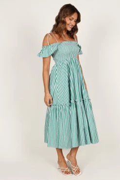 Yasminie Shirred Midi Dress - Green Stripe -Dress Shop petal and pup usa dresses yasminie shirred maxi dress green stripe 33288967913649