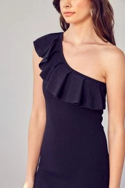 Perla One Shoulder Ruffle Dress - Black -Dress Shop petal and pup usa one shoulder ruffle dress 33585721376945