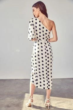 Daisy One Shoulder Midi Dress - Black Polka Dot -Dress Shop petal and pup usa one shoulder wrap dress 33524481425585