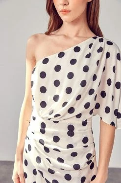 Daisy One Shoulder Midi Dress - Black Polka Dot -Dress Shop petal and pup usa one shoulder wrap dress 33524481589425