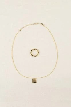 Pendant Necklace And Ring Set - Gold 6 Pendant Necklace And Ring Set - Gold -Dress Shop petal and pup usa twisted ring and square pendant necklace set gol gold m 32843576901809